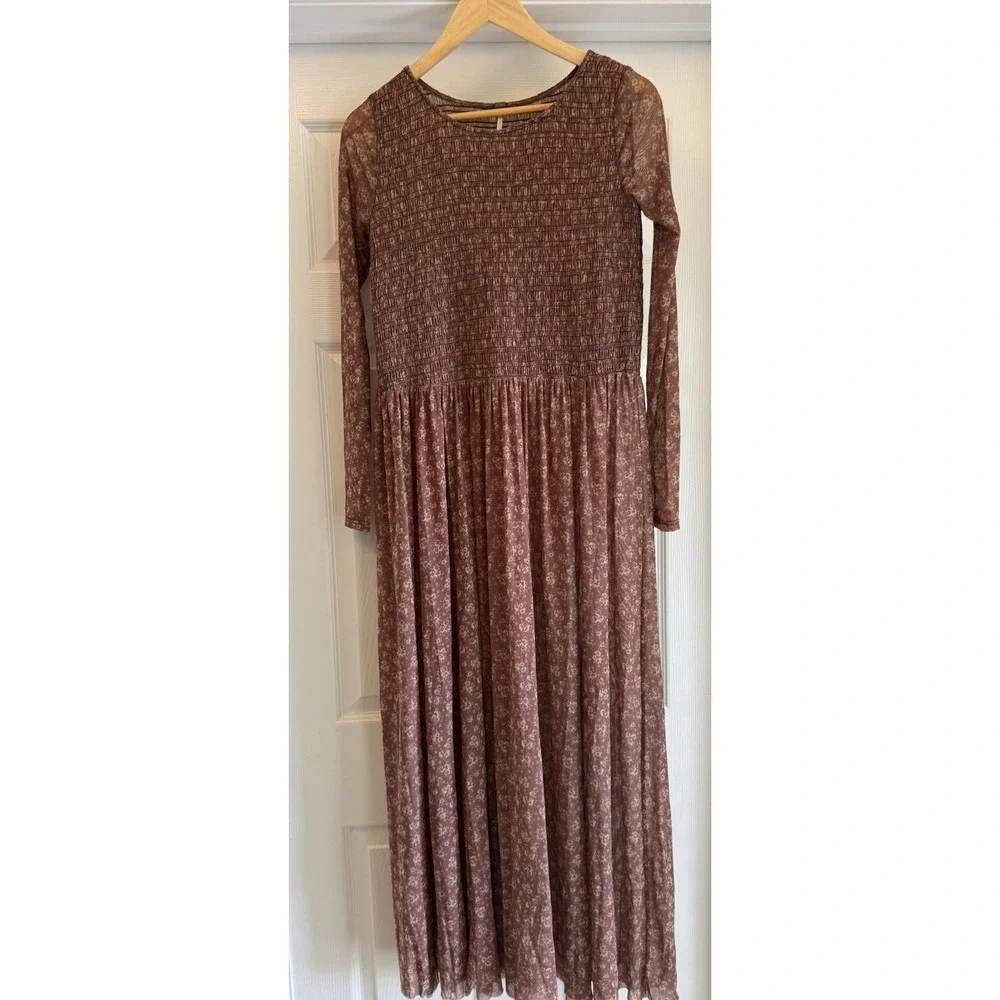 Free People Maxi Dress Womens XS Mauve Floral Smocked Mesh Long Sleeve Boho